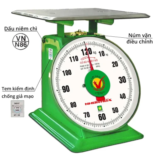 Chi tiết cân Nhơn Hòa 120kg mặt số đồng hồ và tem kiểm định