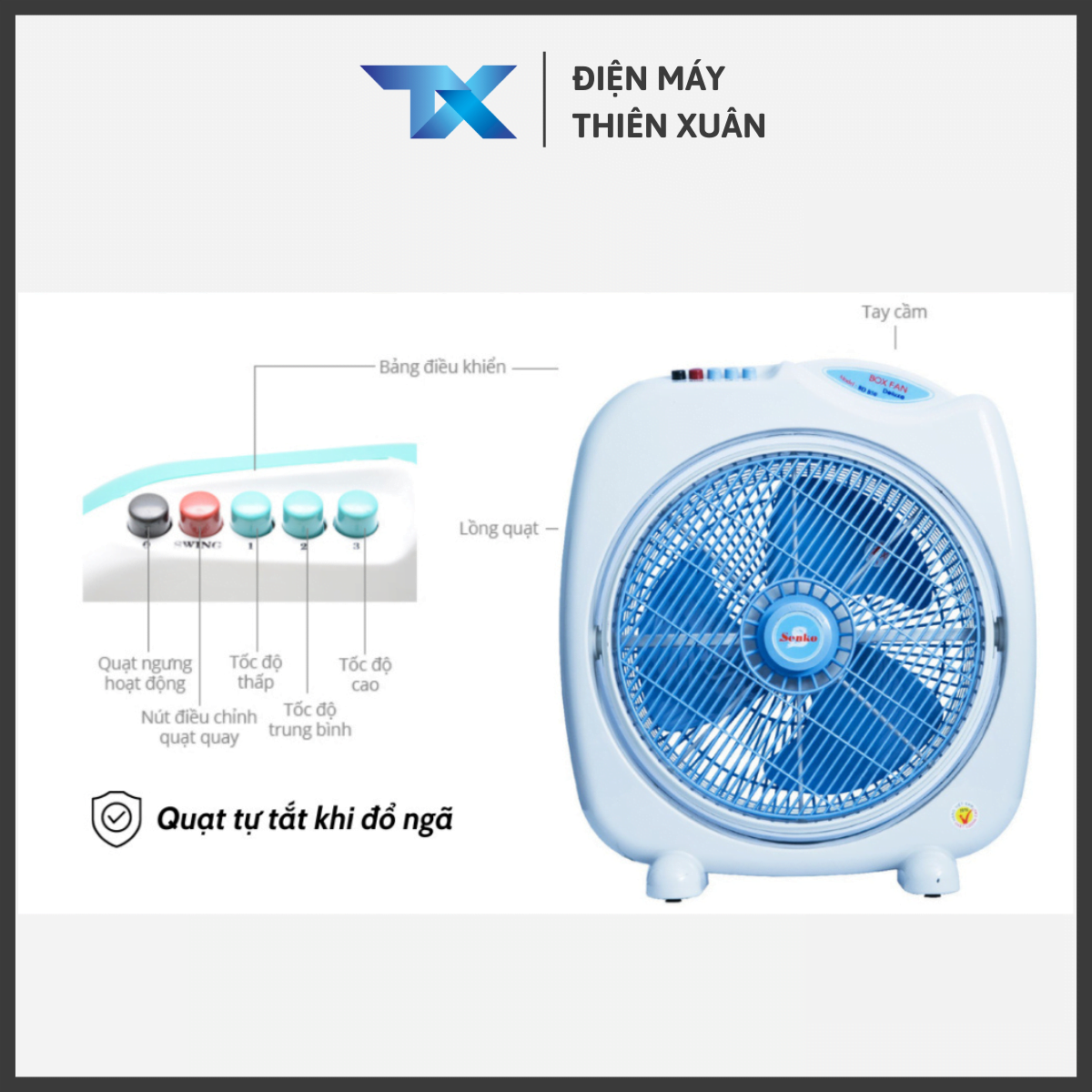 Quạt hộp Senko BD1010 màu trắng xanh với bảng điều khiển và lồng quạt