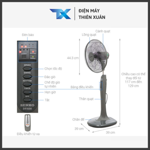 Thành phần quạt đứng Senko DR16080 có remote