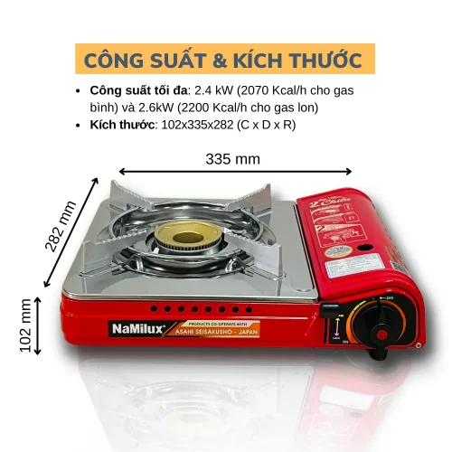 Bếp gas mini NaMilux NH 2915PS công suất và kích thước