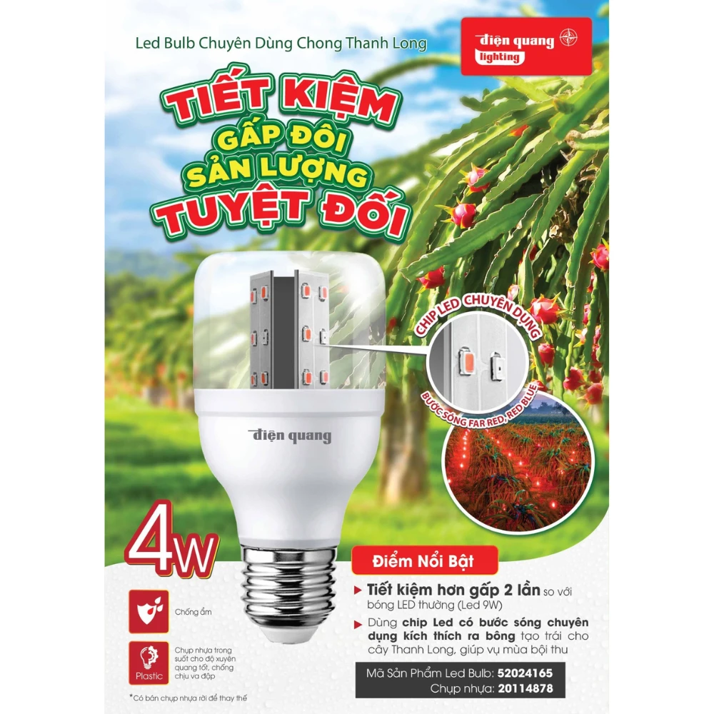 Bóng đèn LED trồng thanh long Điện Quang LEDBUTL 04RB 4W - chip LED kích thích ra bông