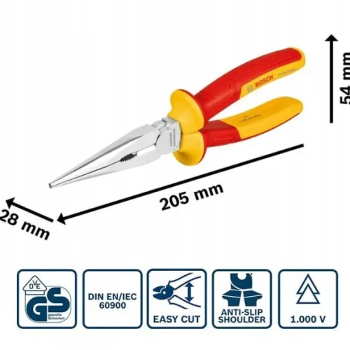 Kìm mũi nhọn cách điện Bosch VDE 200mm kích thước