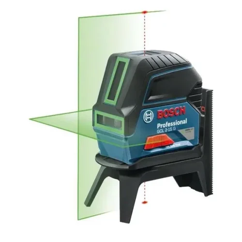 Máy cân mực tia laser xanh Bosch GCL 2-15 G kèm chân đế, hiển thị các tia laser xanh