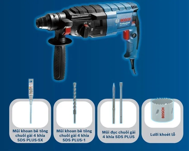 Máy khoan búa điện Bosch GBH 2-24 DRE kèm phụ kiện mũi khoan