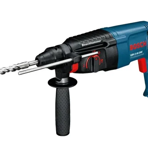 Máy khoan búa điện Bosch GBH 2-26 DRE góc nghiêng bên trái kèm tay cầm phụ và thước chặn độ sâu