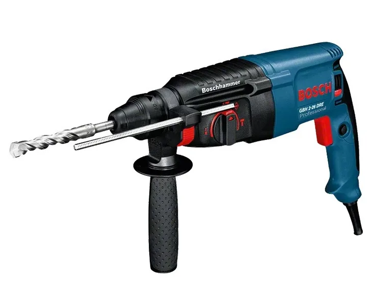 Máy khoan búa điện Bosch GBH 2-26 DRE góc nghiêng bên trái kèm tay cầm phụ và thước chặn độ sâu