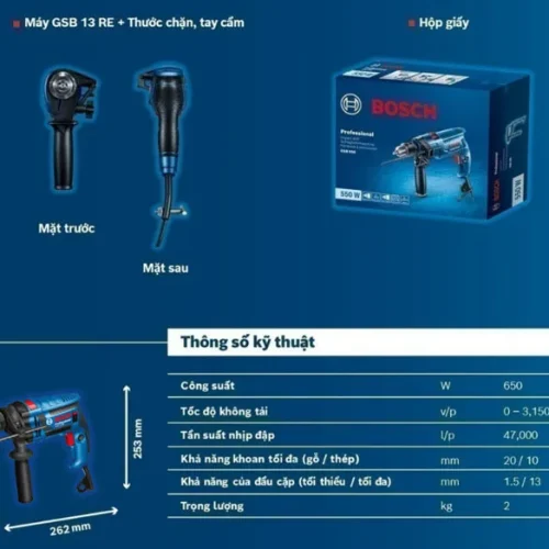 Máy khoan động lực Bosch GSB 13 RE thông số hộp đựng