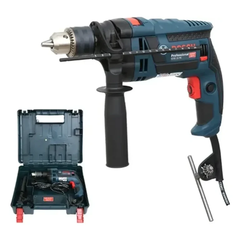 Máy khoan động lực Bosch GSB 16 RE góc nghiêng bên trái kèm vali, tay cầm phụ và thước chặn độ sâu
