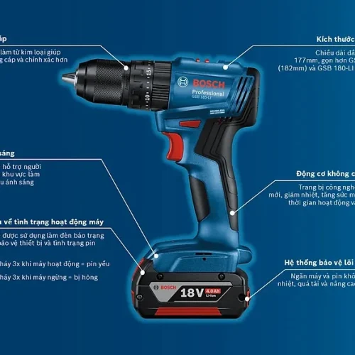 Máy khoan vặn vít pin Bosch GSB 185 LI và phụ kiện chi tiết