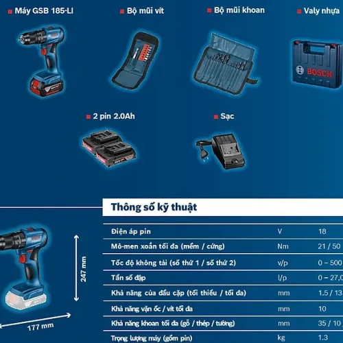 Máy khoan vặn vít pin Bosch GSB 185-LI và phụ kiện thông số