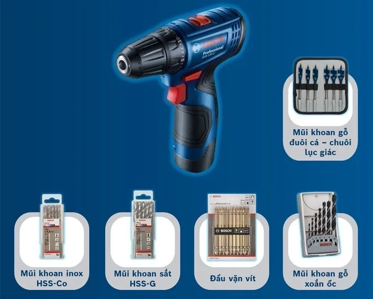 Máy khoan vặn vít pin Bosch GSR 120-LI Gen II kèm phụ kiện mũi vít