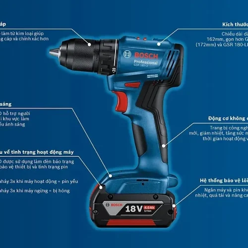 Máy khoan vặn vít pin Bosch GSR 185-LI 1 pin chi tiết
