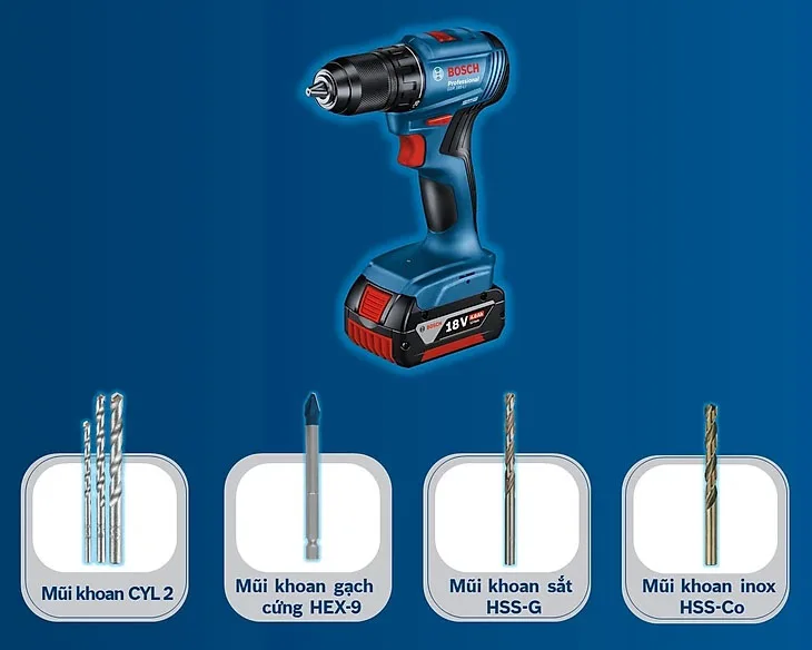 Máy khoan vặn vít pin Bosch GSR 185-LI và phụ kiện mũi khoan