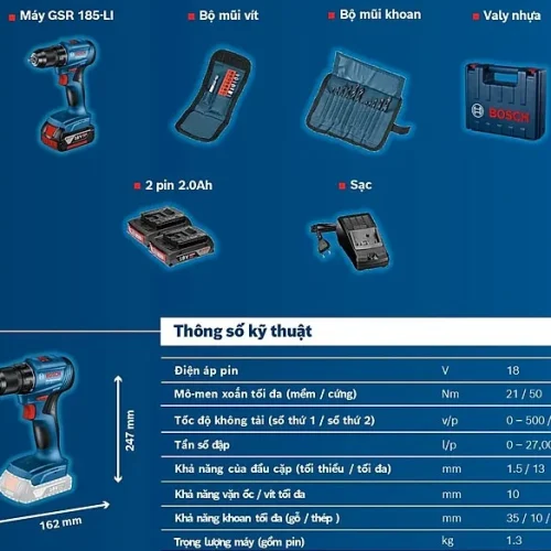 Máy khoan vặn vít pin Bosch GSR 185-LI và phụ kiện