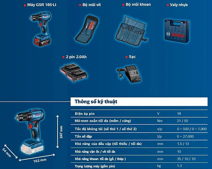 Máy khoan vặn vít pin Bosch GSR 185-LI và phụ kiện