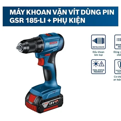 Máy khoan vặn vít pin Bosch GSR 185-LI và phụ kiện