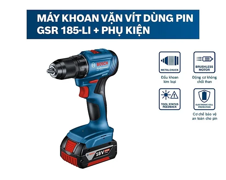Máy khoan vặn vít pin Bosch GSR 185-LI và phụ kiện