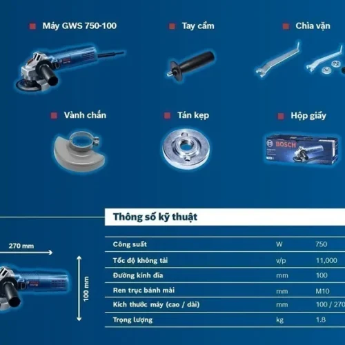 Máy mài góc Bosch GWS 750-100 thông số phụ kiện