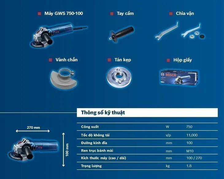 Máy mài góc Bosch GWS 750-100 thông số phụ kiện