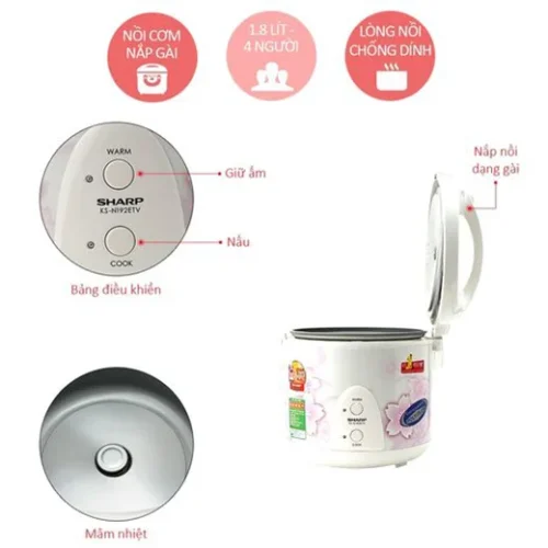 Nồi cơm điện Sharp KS-N192ETV SP 1.8 lít với nắp gài, bảng điều khiển và mâm nhiệt