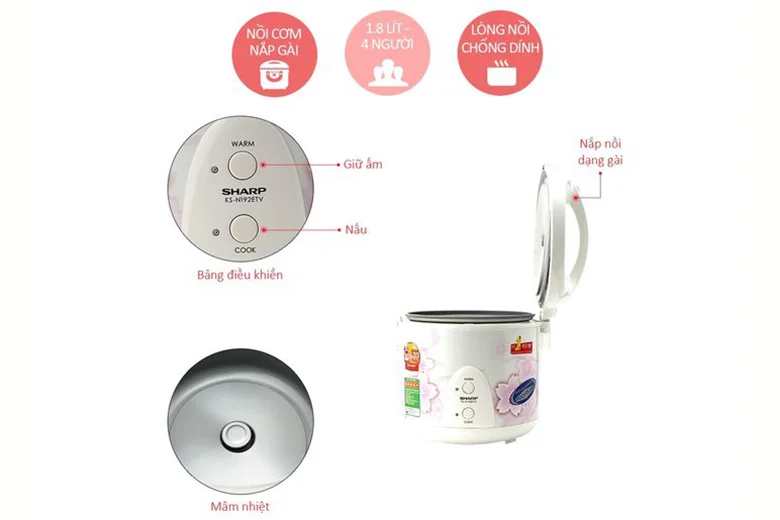 Nồi cơm điện Sharp KS-N192ETV SP 1.8 lít với nắp gài, bảng điều khiển và mâm nhiệt