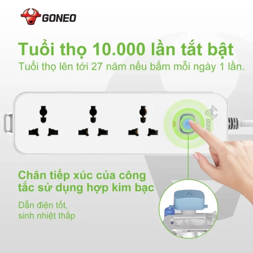 Ổ cắm điện Gongniu N1030 với công tắc hợp kim bạc, tuổi thọ 10.000 lần bật tắt