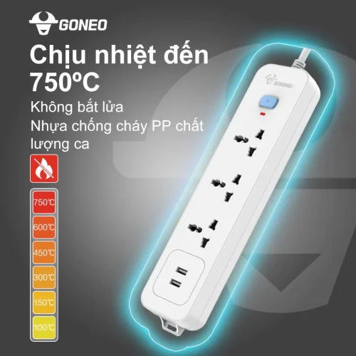 Ổ cắm điện Gongniu N103U 3 lỗ 2 cổng USB chịu nhiệt 750°C
