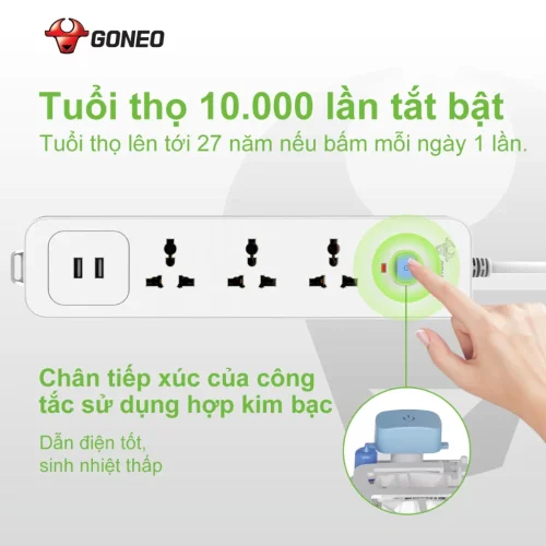 Ổ cắm điện Gongniu N103U 3 lỗ 2 cổng USB với công tắc nguồn
