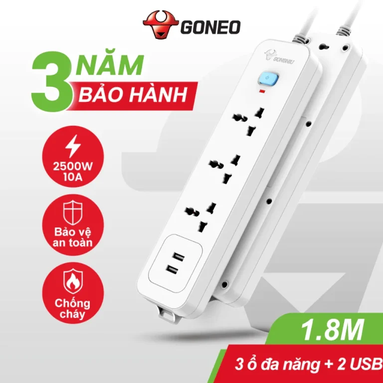 Ổ cắm điện Gongniu N103U 1 công tắc 3 lỗ và 2 cổng USB 2500W