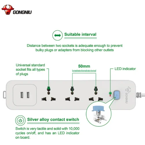 Ổ cắm điện Gongniu N103U với 3 ổ cắm, 2 cổng USB, công tắc và khoảng cách ổ cắm 50 mm