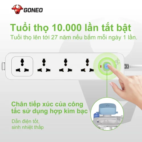 Công tắc ổ cắm điện Gongniu N1040 4 lỗ 2500W với tuổi thọ 10000 lần bật tắt