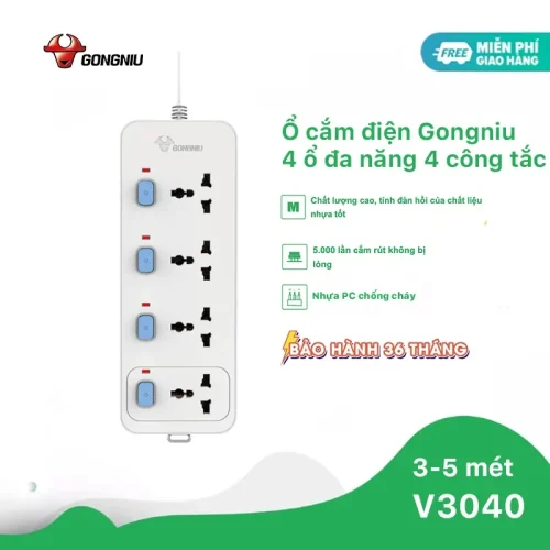 Ổ cắm điện Gongniu N3040 4 lỗ đa năng, 4 công tắc riêng, công suất 2500W