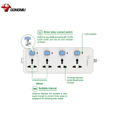Ổ cắm điện Gongniu N3040 4 lỗ 4 công tắc độc lập và đèn LED