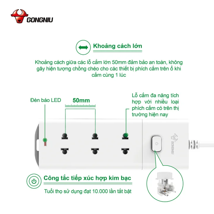 Ổ cắm điện Gongniu V1030 màu trắng cho gia đình