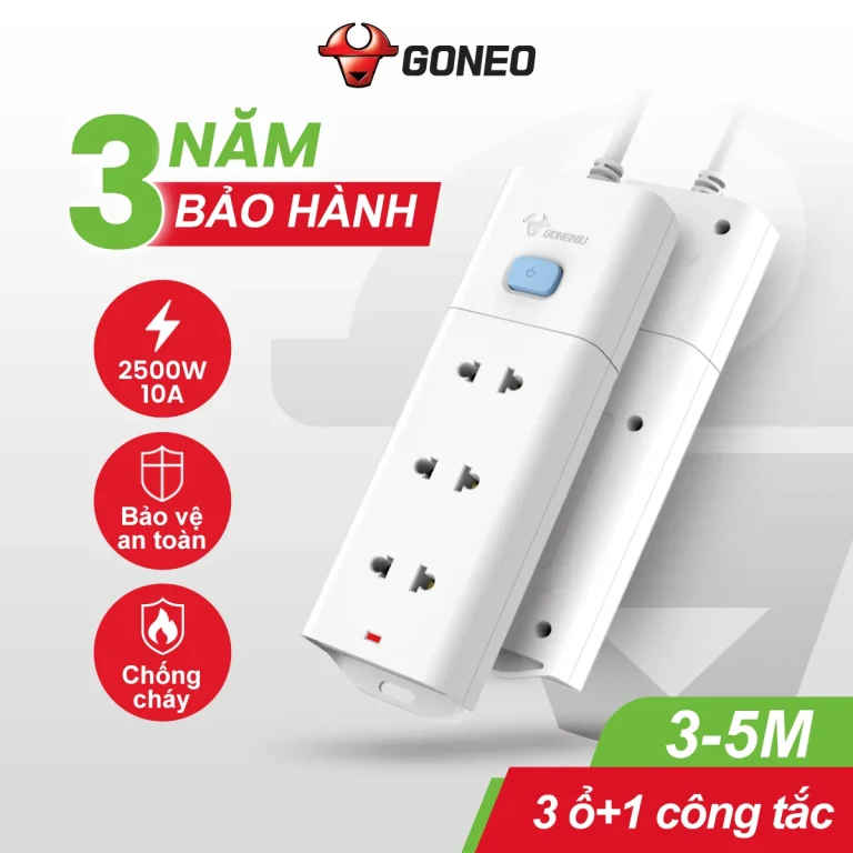 Ổ cắm điện Gongniu V1030 3 lỗ đa năng, 1 công tắc, công suất 2500W