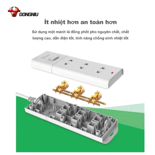Cấu tạo bên trong ổ cắm điện Gongniu V1030 với thanh đồng nguyên chất