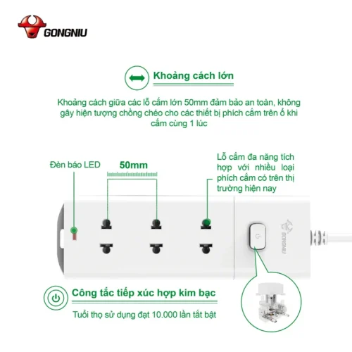 Ổ cắm điện Gongniu V1030 3 lỗ 1 công tắc với khoảng cách ổ cắm 50 mm