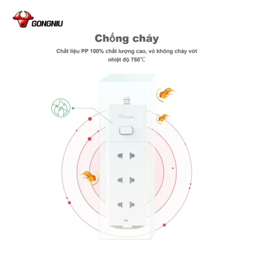 Vỏ PP chống cháy ổ cắm điện Gongniu V1030 3 lỗ 1 công tắc 2500W