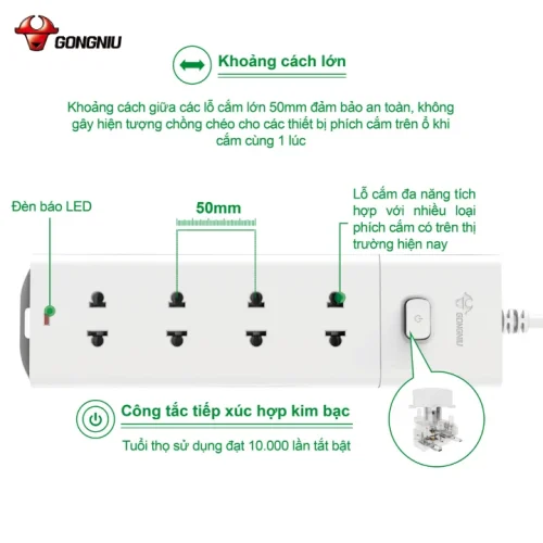 Ổ cắm điện Gongniu V1040 4 ổ cắm cách nhau 50 mm, 1 công tắc 2500W