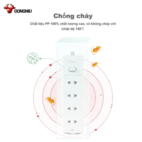 Ổ cắm điện Gongniu V1040 chống cháy với 1 công tắc và 4 lỗ cắm 2500W