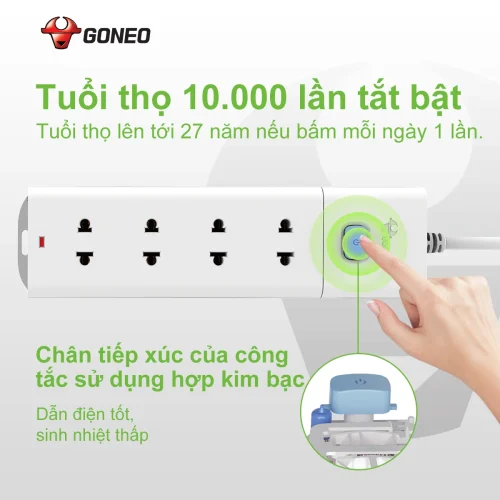 Ổ cắm điện Gongniu V1040 4 lỗ 1 công tắc hợp kim bạc 10000 lần bật tắt