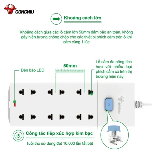 Ổ cắm điện Gongniu V1060 1 công tắc 6 lỗ 2500W có đèn LED