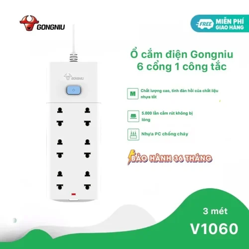 Ổ cắm điện Gongniu V1060 mặt trước với 1 công tắc, 6 lỗ cắm 2500W dây 3 mét