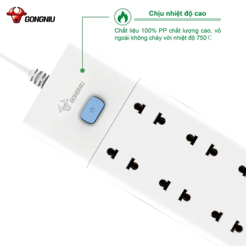 Ổ cắm điện Gongniu V1080 1 công tắc 8 lỗ 2500W góc chéo từ trên