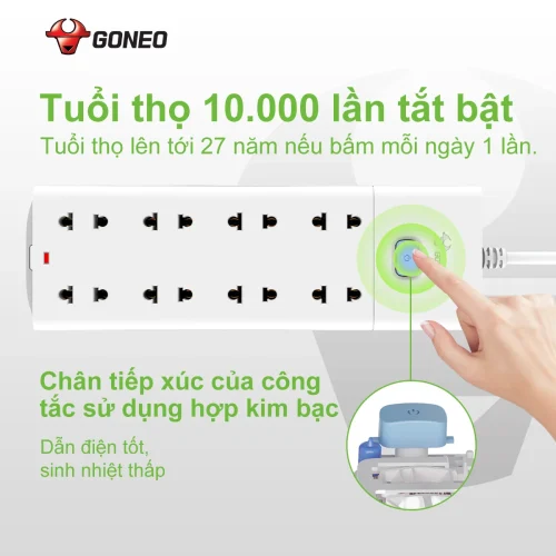 Ổ cắm điện Gongniu V1080 1 công tắc 8 lỗ 2500W độ bền 10000 lần bật tắt