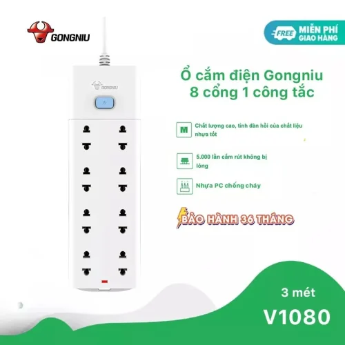 Ổ cắm điện Gongniu V1080 1 công tắc 8 lỗ 2500W dây dài 3 mét