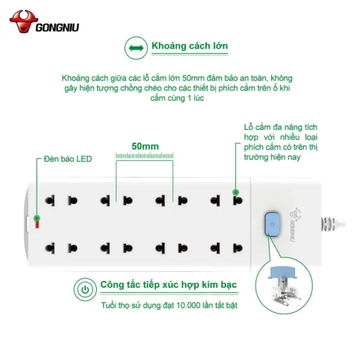 Ổ cắm điện Gongniu V1080 1 công tắc 8 lỗ 2500W khoảng cách lỗ 50mm