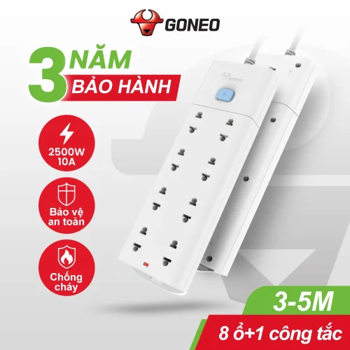 Ổ cắm điện Gongniu V1080 góc nghiêng với 1 công tắc, 8 lỗ cắm 2500W