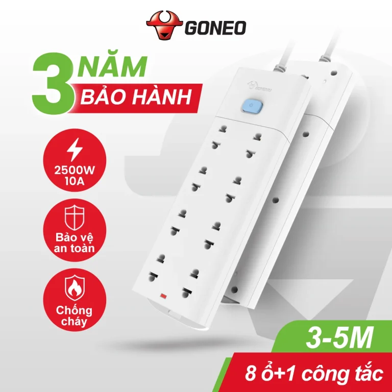 Ổ cắm điện Gongniu V1080 góc nghiêng với 1 công tắc, 8 lỗ cắm 2500W