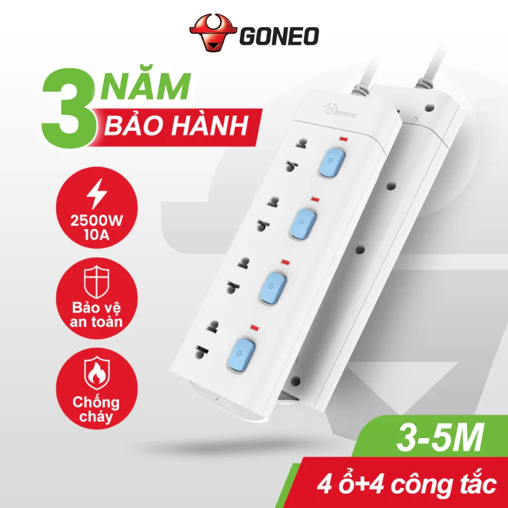 Ổ Cắm Điện Gongniu V3040-1 - 4 công tắc, 4 lỗ, 2500W